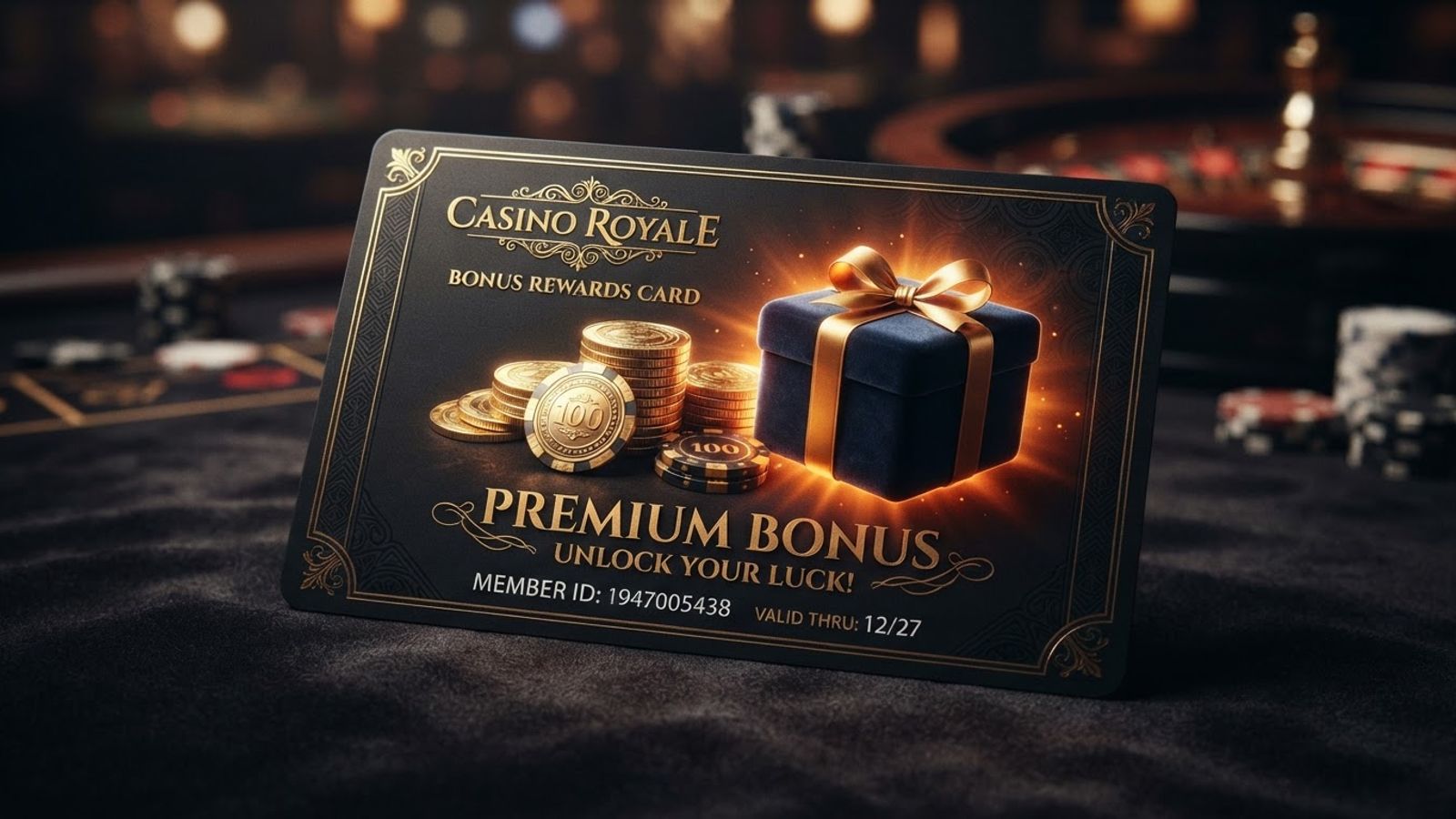 Welcome bonus gift box with gold coins on dark background