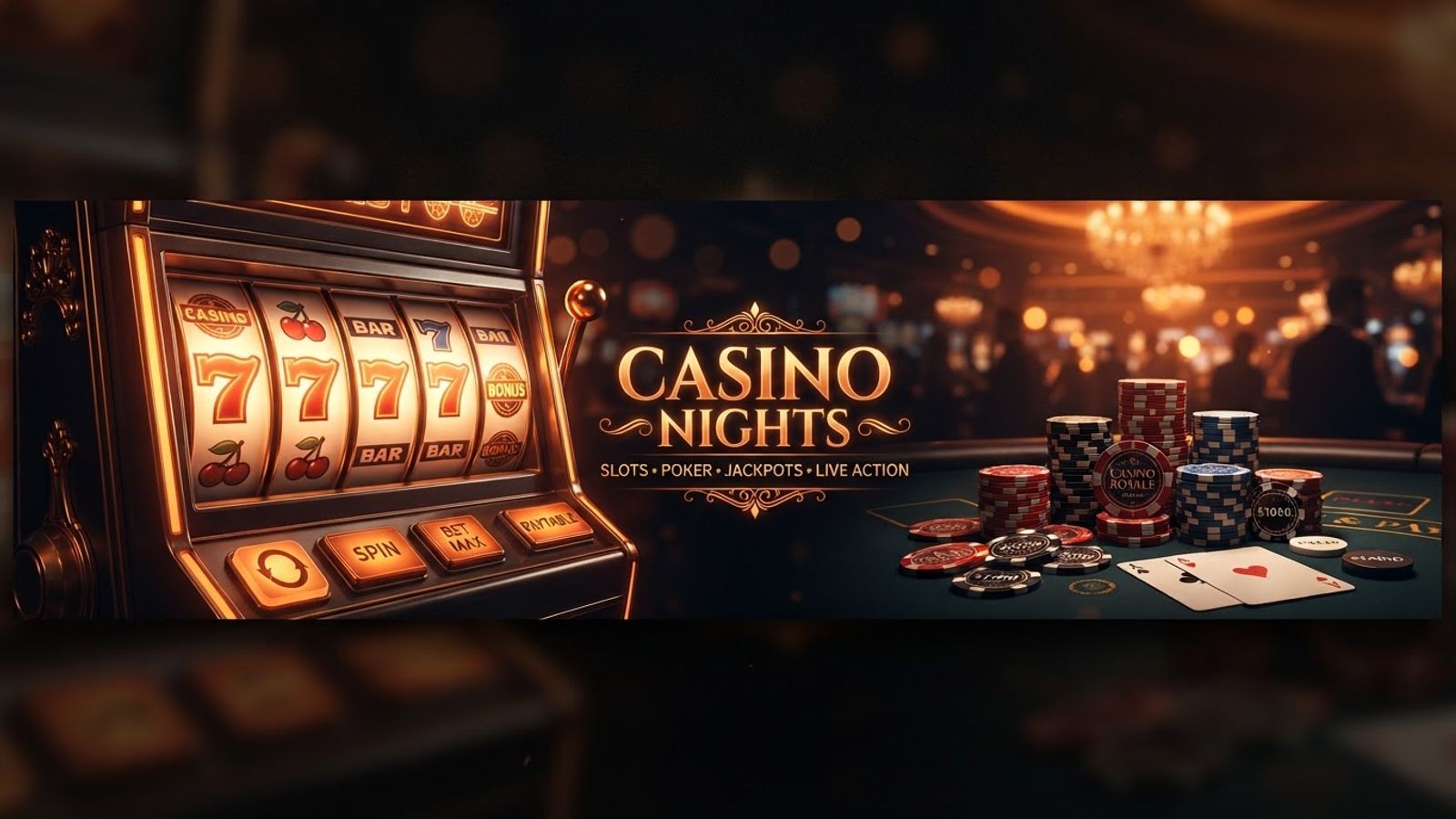 Wide casino banner with slot reels and poker chips, orange glow