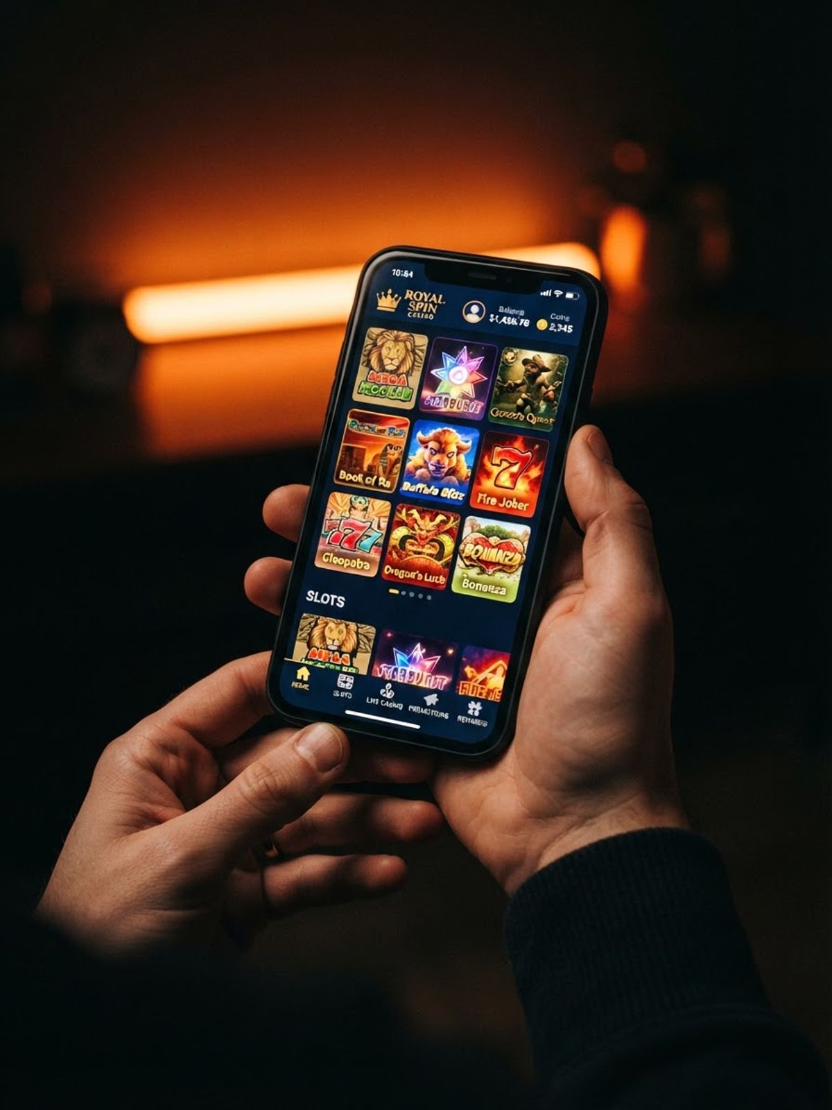 Mobile phone showing Betninja casino app with slot games