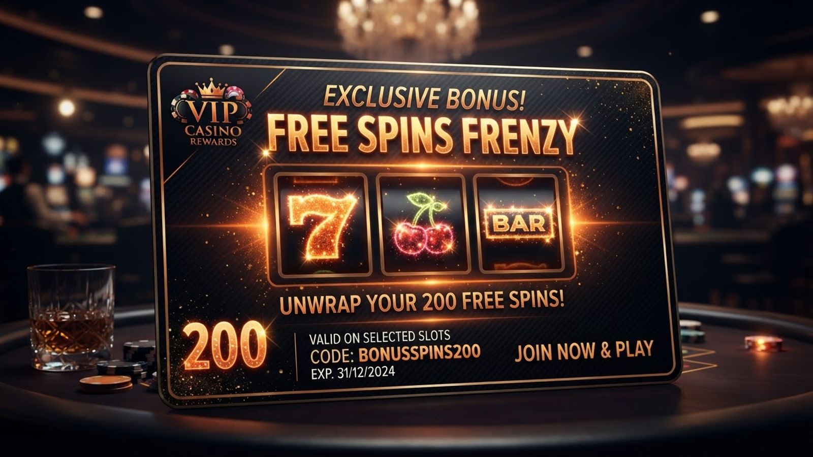 Free spins slot reels with glowing orange symbols on dark card