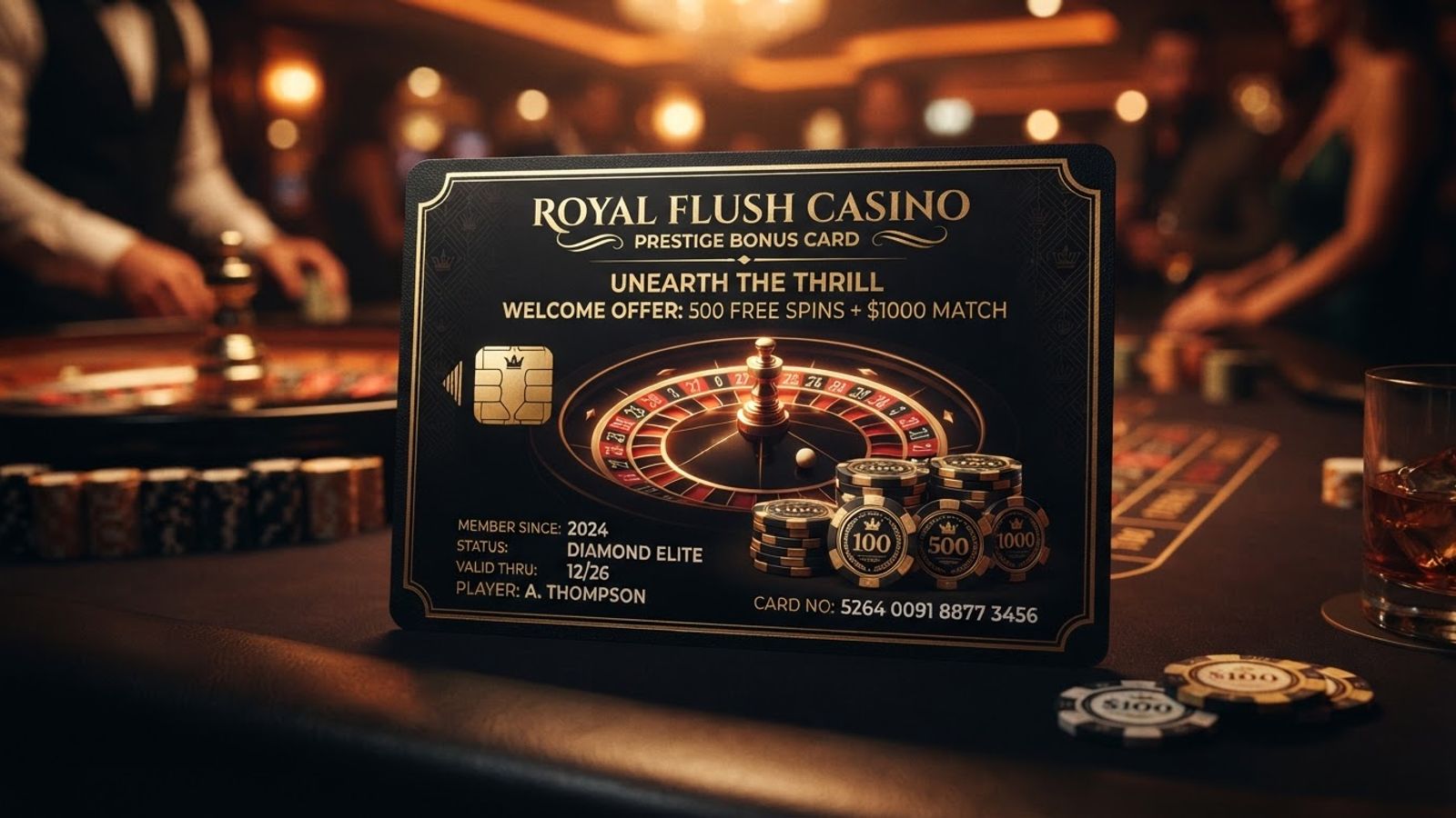 Casino chips and roulette wheel with warm orange lighting